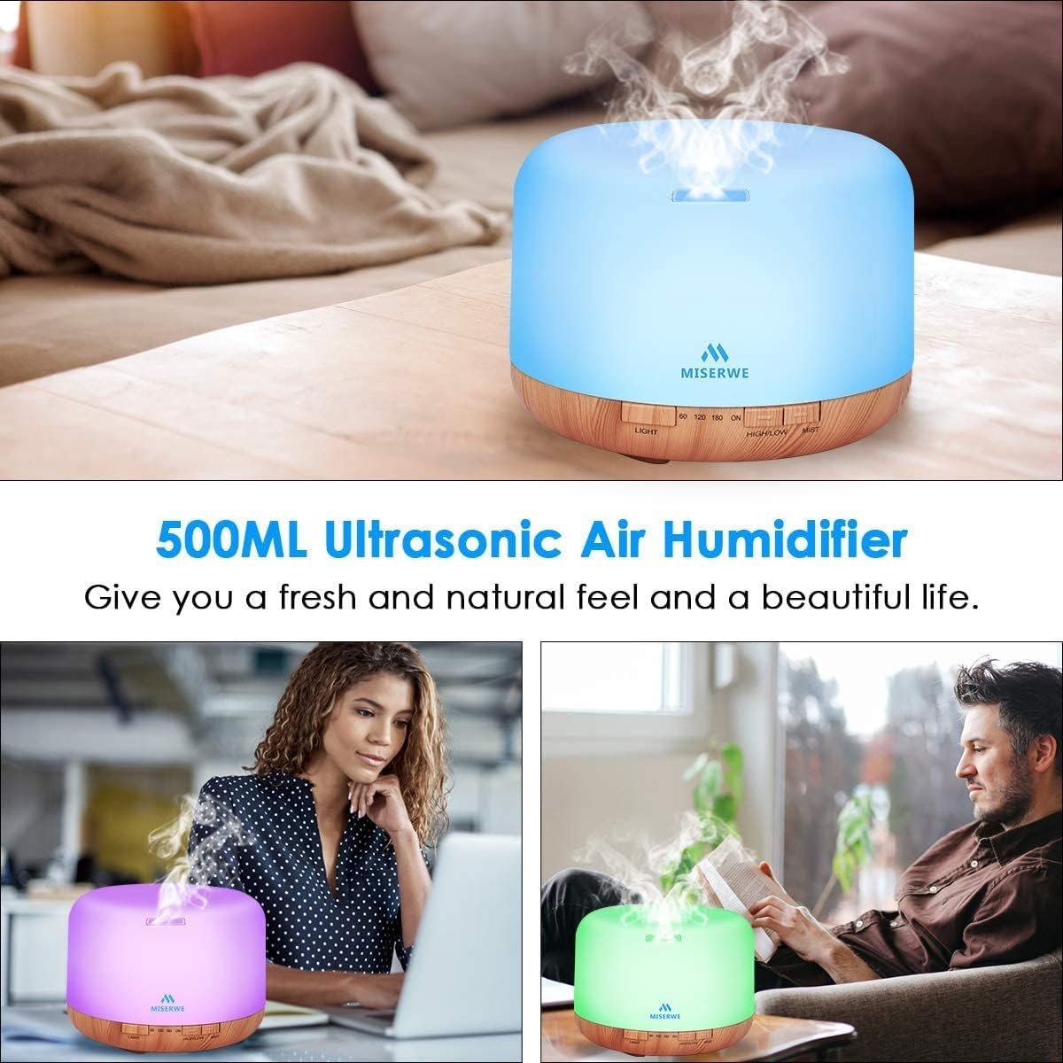 Miserwe 500ml Essential Oil Diffuser with Remote Control, 7 Color LED Light, Automatic Shut Off, for Home