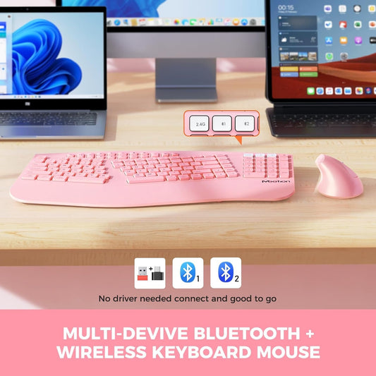 MEETION 2025 Upgrade Pink Ergonomic Keyboard and Mouse, Multi-Device Bluetooth/2.4G Keyboard, 3 DPI Adjustable Wireless Mouse, Full-Sized Rechargeable Cordless for PC/Computer/Laptop/Window