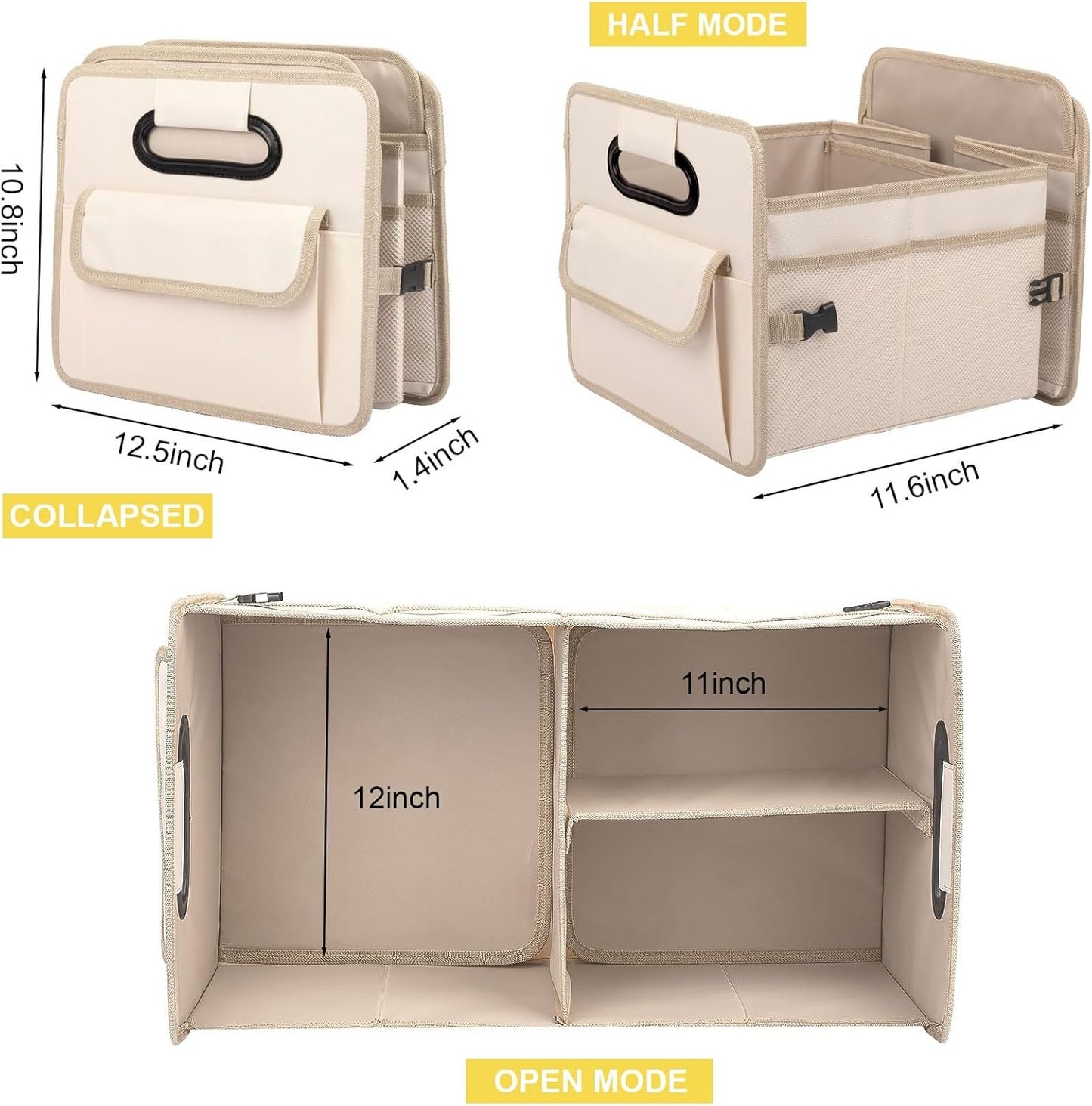 JiatuA Car Trunk Organizer, Car Organizers and Storage Collapsible Multi Compartment Container Box, Adjustable Car Accessories for SUV Sedan Truck, Standard Size, Beige