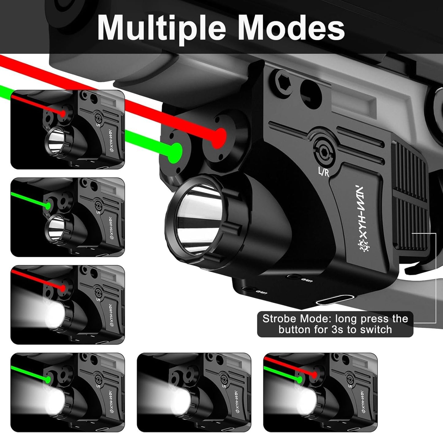 600 Lumens Tactical Flashlight Green/Red Laser Combo, Pistol Light with Strobe/Constant Light Modes, Dual-Color Laser Sight Combo,USBC Rechargeable,Fits Standard Picatinny/Glock Rails