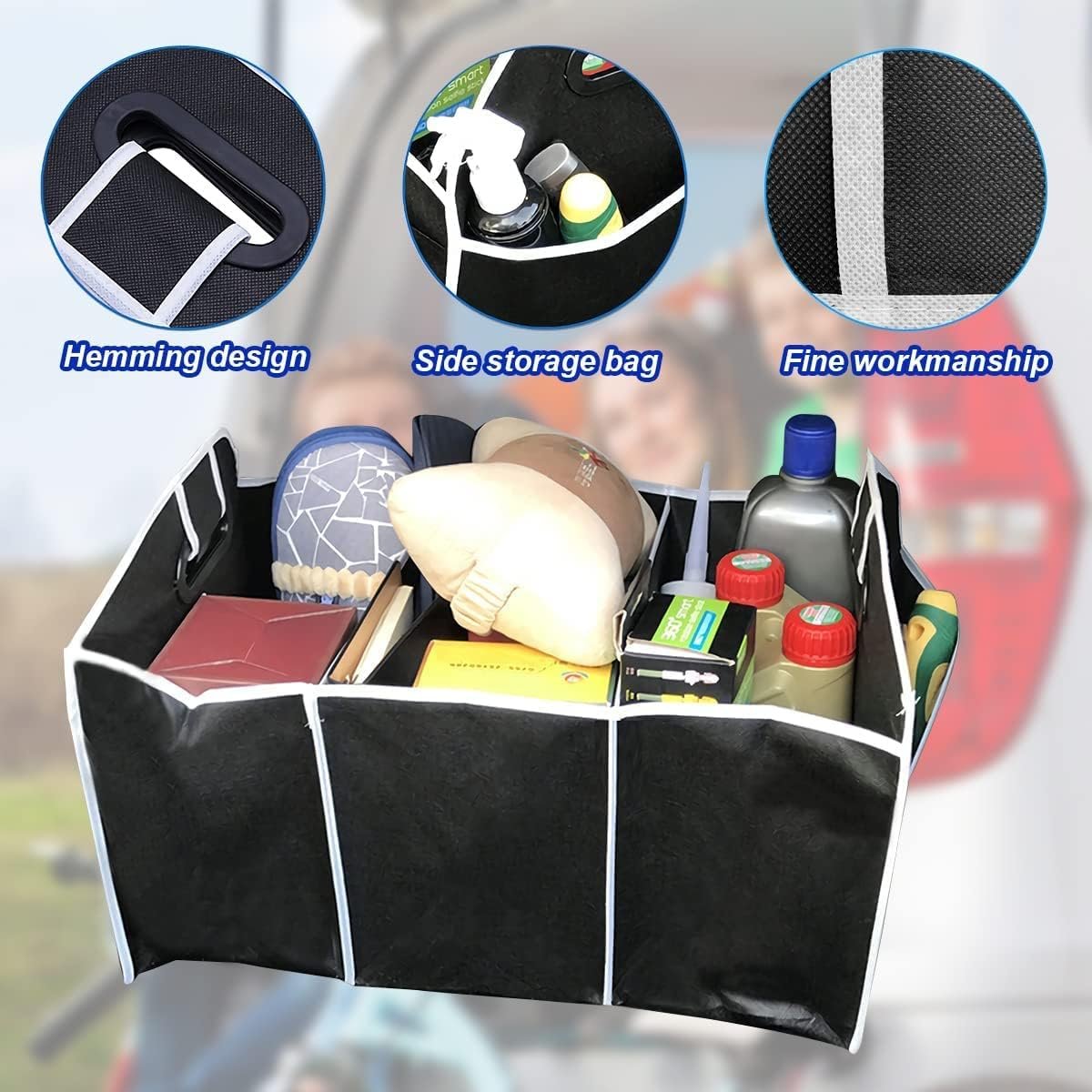 Car Trunk Organizer, Portable Foldable Waterproof Auto Storage Bag with 3 Compartments, Collapsible Cargo Trunk Groceries Organizer, Car Accessories Universal for SUV, Truck, Van, Sedan (Black)