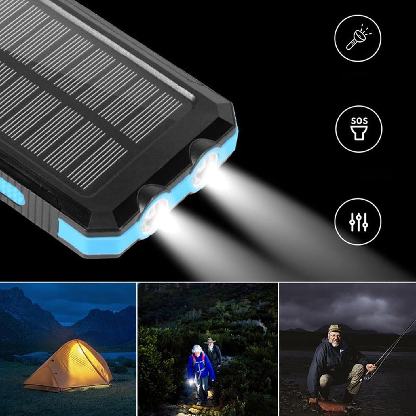 Solar Charger Powered Bank - Fast Charging Solar Battery Pack - Waterproof Battery Pack with Flashlight Survival Gear for Hiking, Explorer & Cell Phone