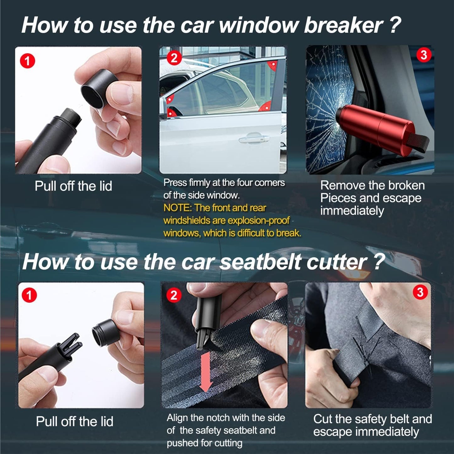 Window Breaker Seatbelt Cutter, Car Safety Hammer Glass Breaker and Seatbelt Cutter Car Emergency Escape Tool Kit Spring Type Glass Breaker Automotive Survival Tool for Land&Underwater (Black)