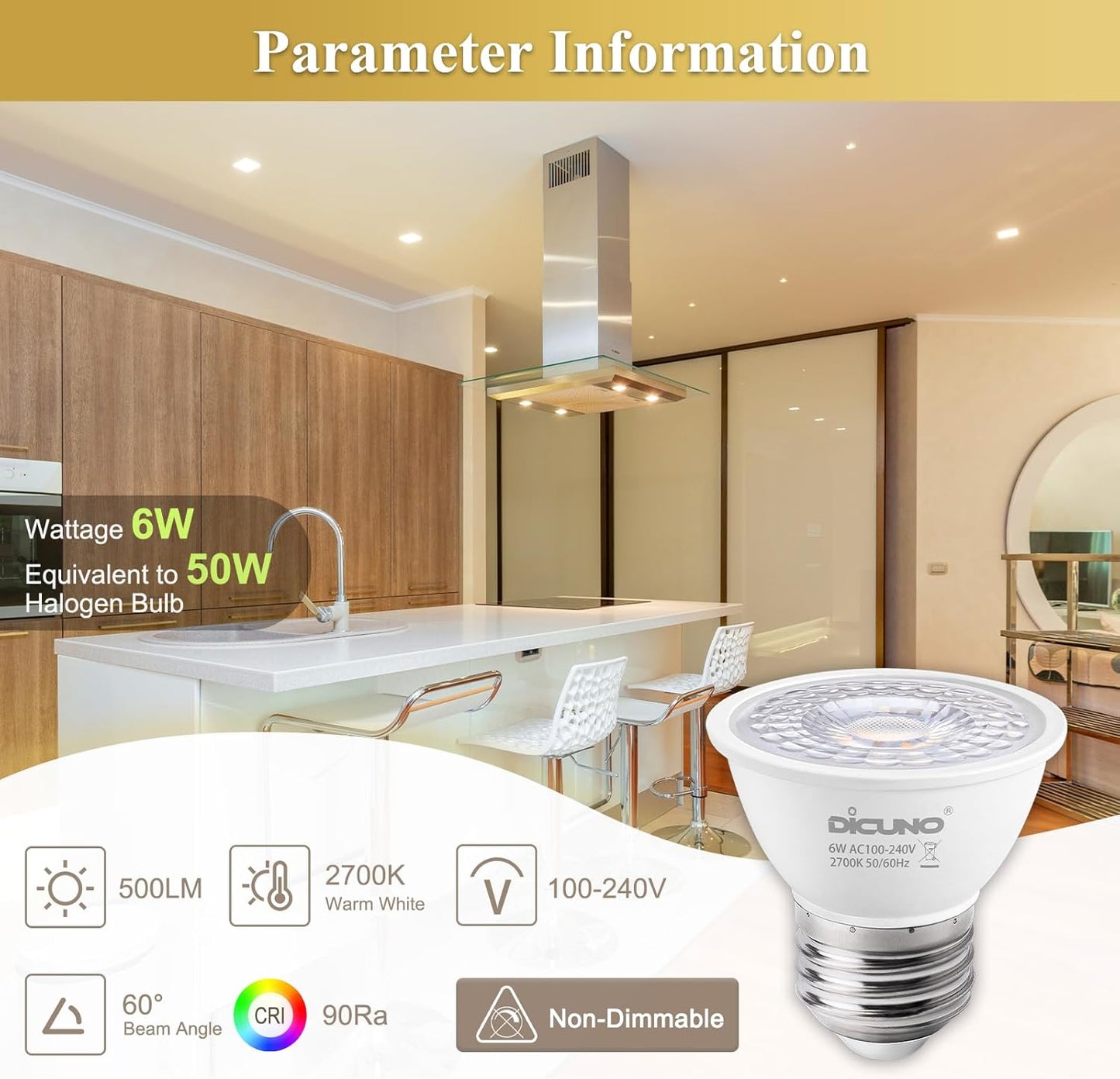 DiCUNO E27 LED Spotlight 6W, PAR16 LED Reflector Bulbs, Warm White 2700K, 50W Halogen Replacement, 500LM, CRI 90, Short Neck Light Bulb for Recessed Light, Non-dimmable, 60° Beam Angle, Pack of 6