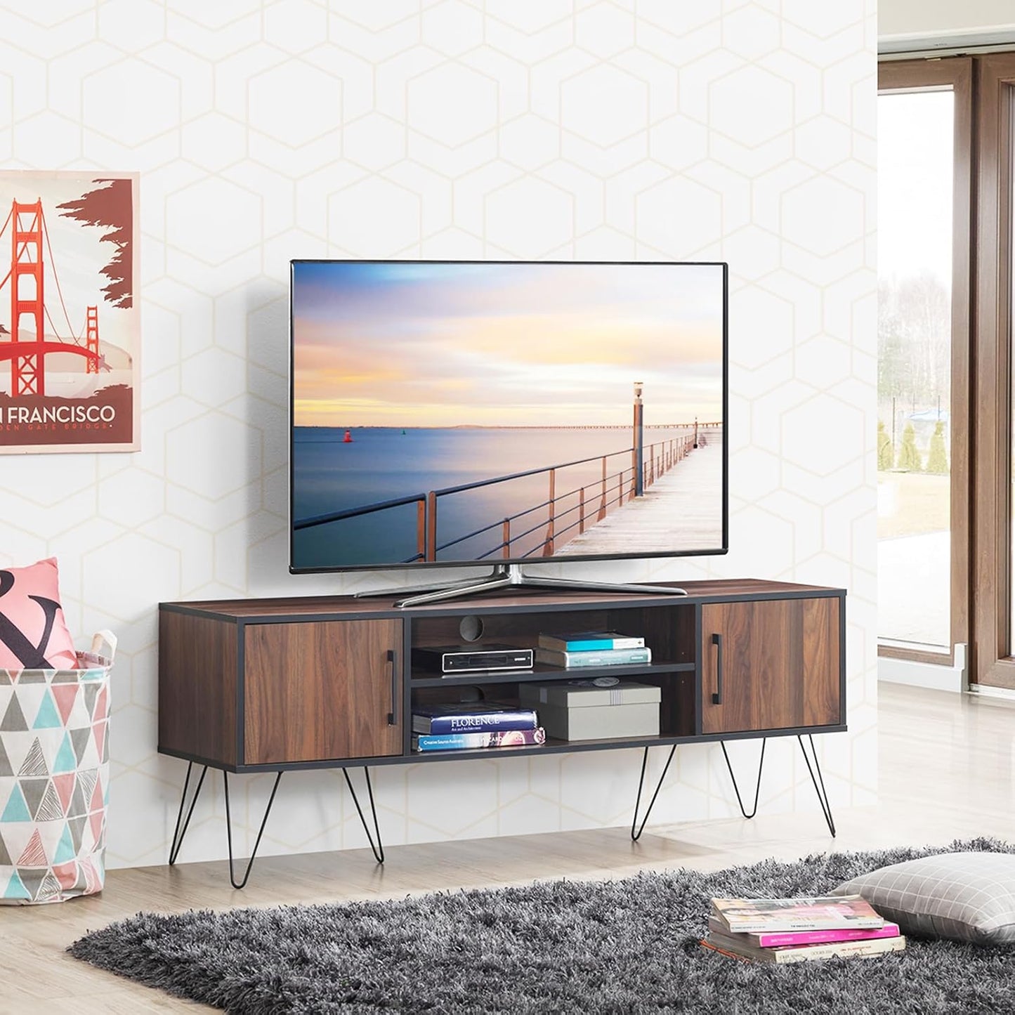 COSTWAY TV Stand Up to 60", TV Stand with 2 Doors, Cable Holes and Adjustable Shelf, TV Stand with Metal Legs for Living Room, Bedroom, 150 x 39 x 56 cm, Mrrone