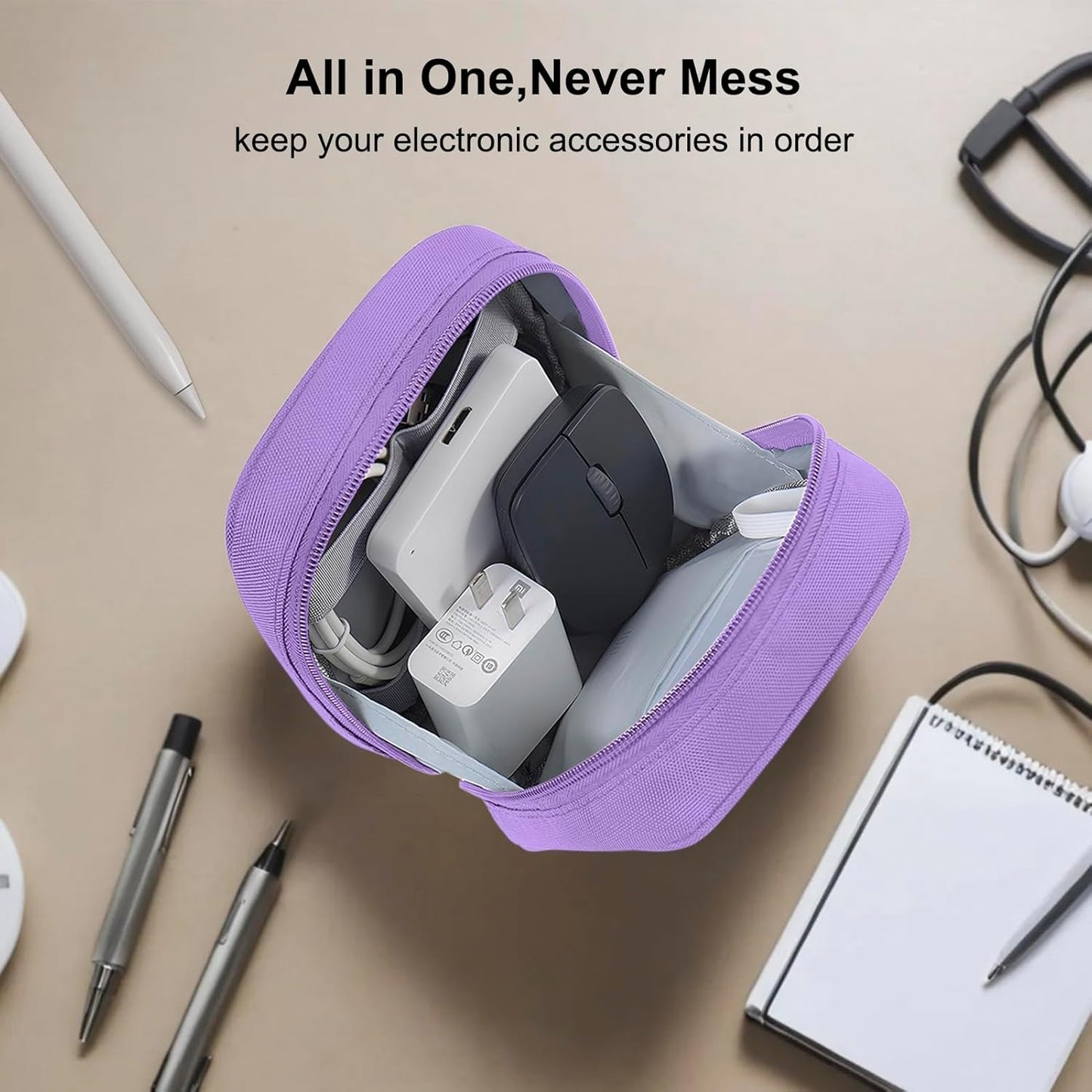 JINSI Portable Electronics Travel Organizer Cable Organizer Bag for Charger, Cords, Cables, Power Bank, Earphones, Pouch Tech Pouch Carry Storage Case Bag, Purple