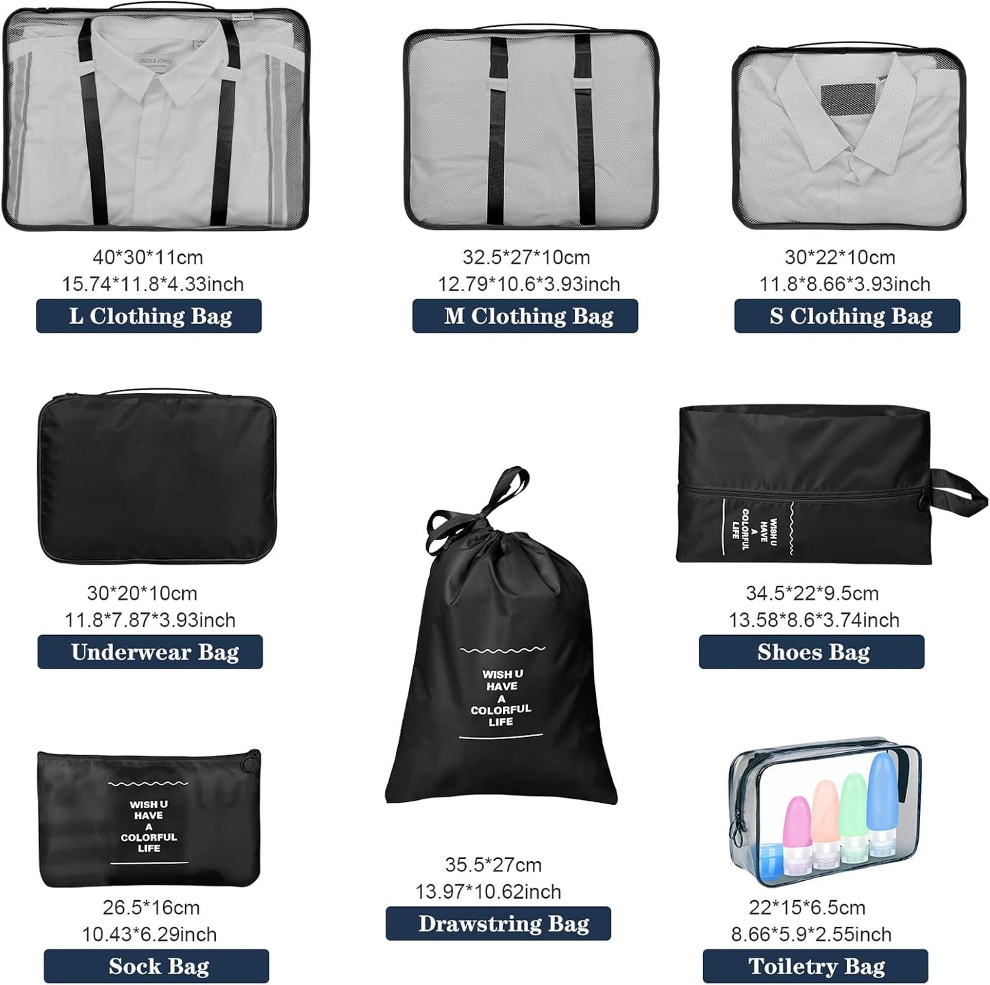 TENXSNUG Travel Suitcase Organizer, 8 Pieces Travel Organizer Packing Cubes Lightweight Organizer Suitcase Cubes Travel Cube for Clothes, Shoes, Underwear, Black