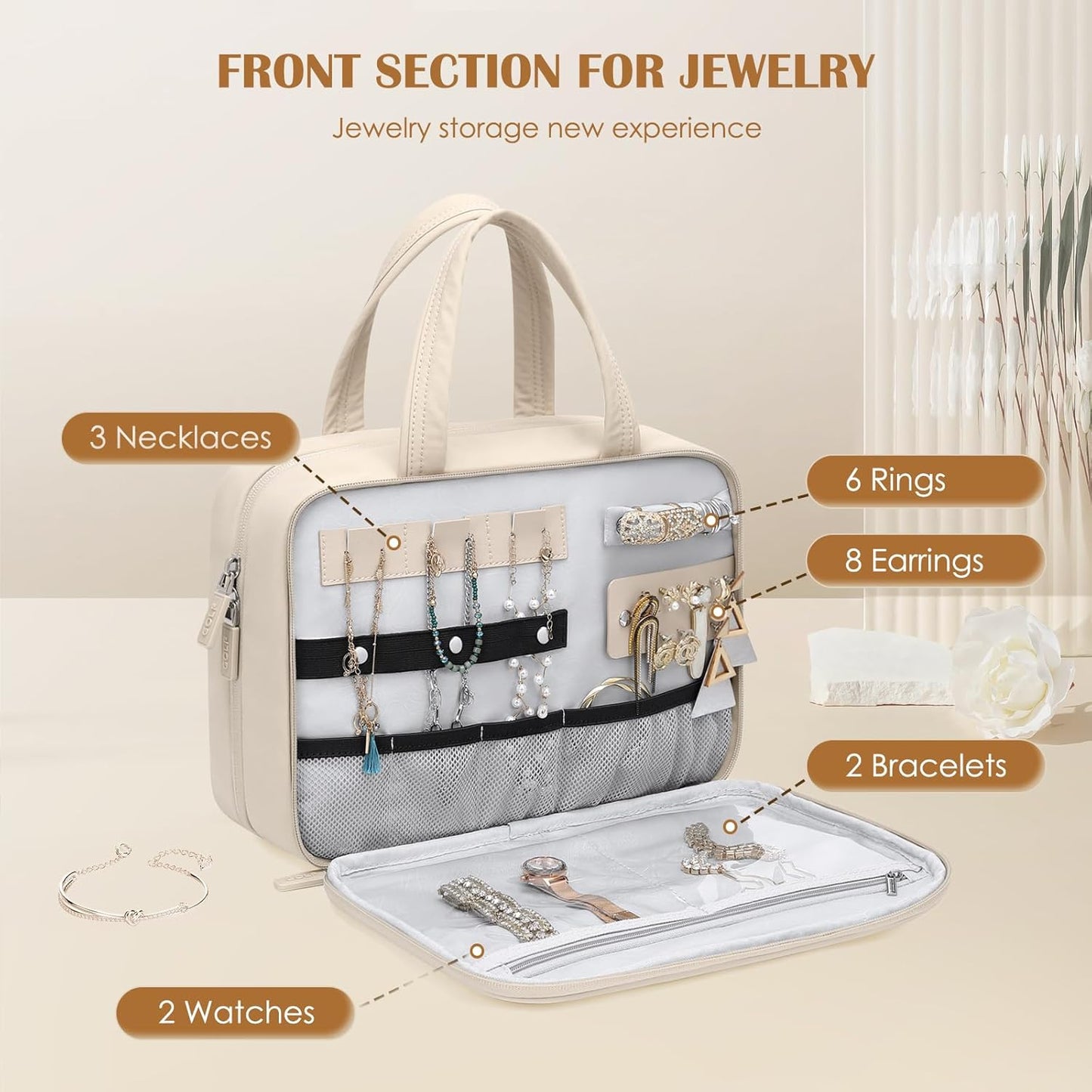 GOLF QUALITY Women's Travel Toiletry Bag Hanging Waterproof Makeup Bag High Capacity Travel Makeup Bag Useful Accessories Large Makeup Bag with Hook, Elegant Apricot, Includes