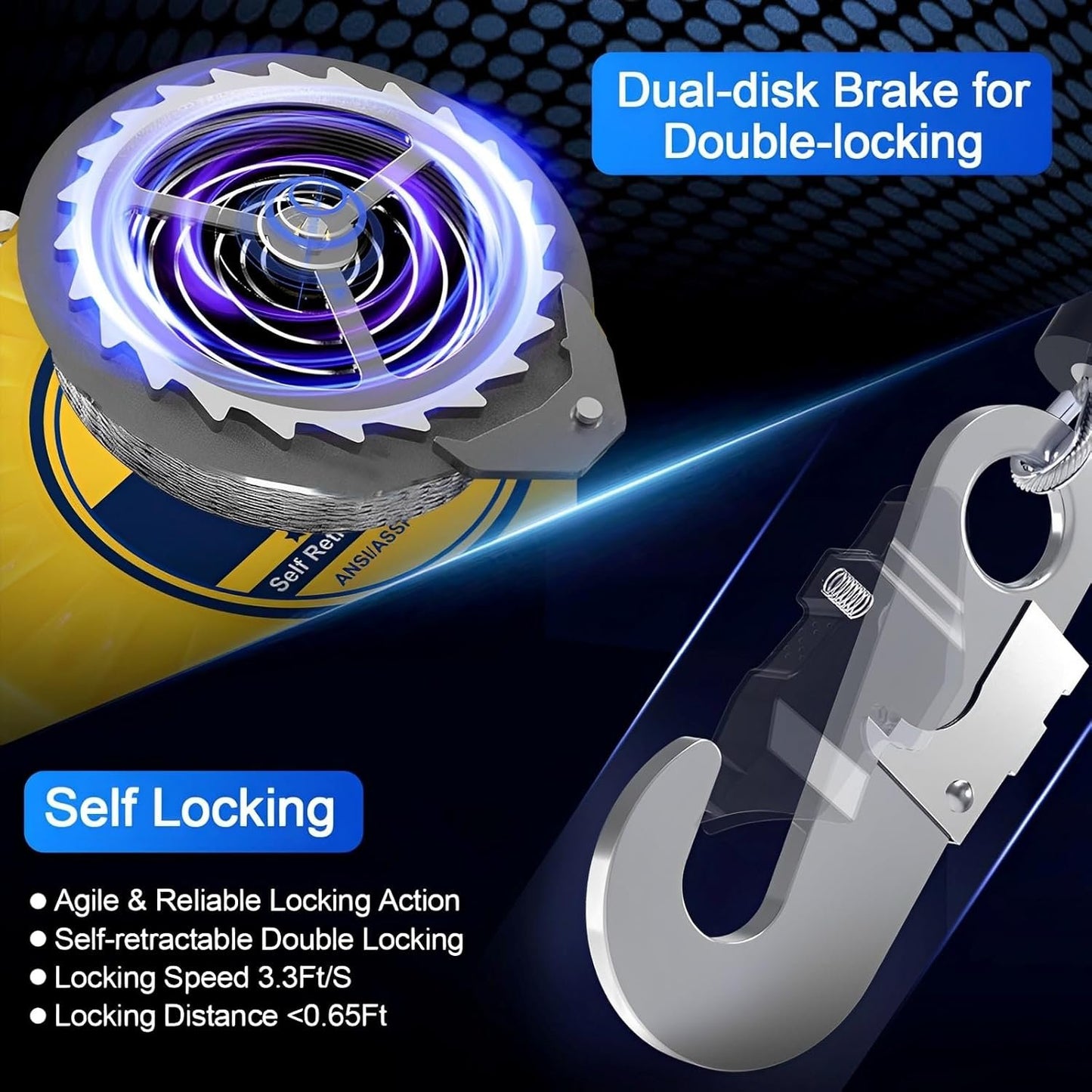 Encreese Self-Retractable Fall Arrester 50FT Double Locking Fall Arrest Protector Fall Protection Gear, Dual Alloy Steel PPE Shell Heavy Duty Hook Cable Wire Rope Roofing Lifeline Safety Lanyard