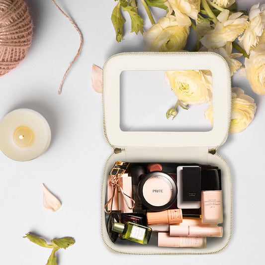 Prite Clear Makeup Bag Cosmetic Organizer Case Waterproof Travel Toiletry Bag Skincare Pouch with Golden Zipper(Beige)