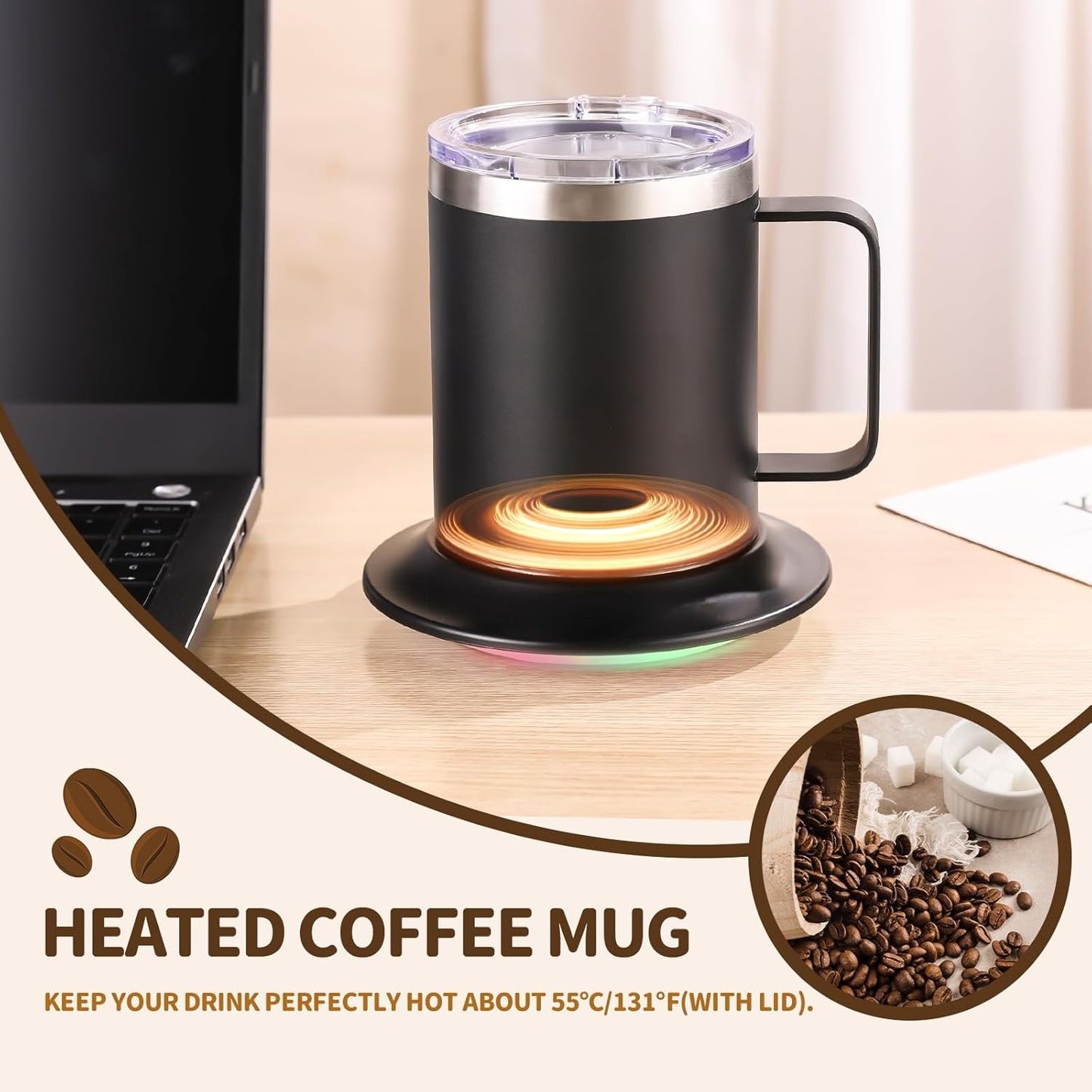 Self-Heating Coffee Mug - 12oz USB Electric Heated Mug with Temperature Control & 10H Auto Shut Off, Smart Warming Travel Mug for Hot Tea/Coffee, for Office/Home (Black)
