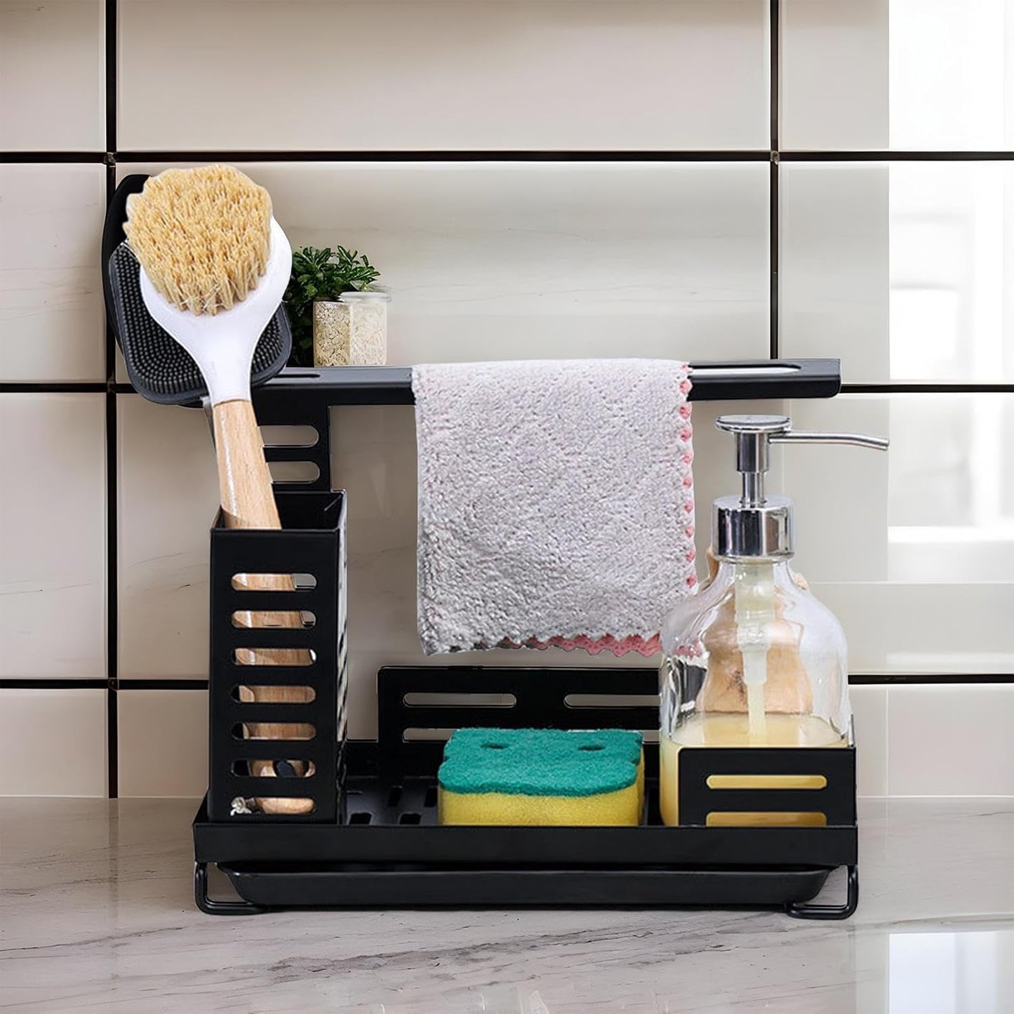 Sink Dish Rack, Carbon Steel Drying Shelf, Adjustable Height Organizer, 9.72x5.91x5.71 Inches Drain Tray Base, Black Finish, for Sponge, Soap, Brush, Kitchen Cleaning Accessories