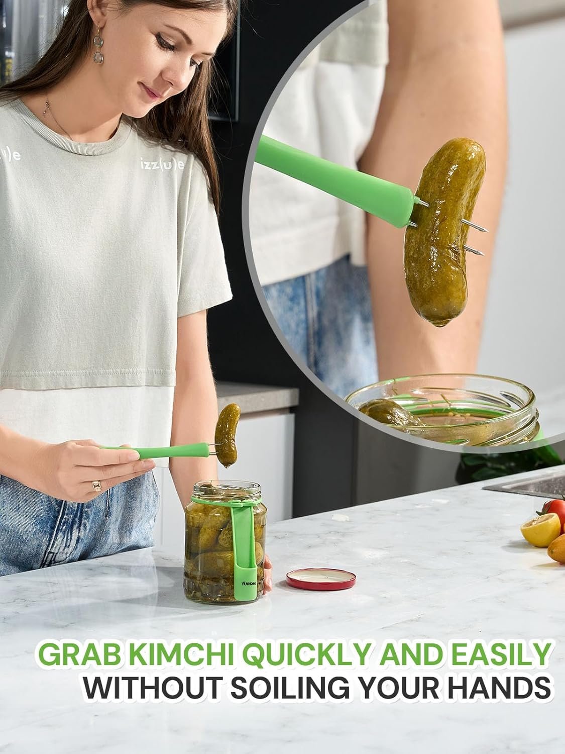 Pickle Fork, YUNHOME Pickle Grabber, Unique Kitchen Gadgets, Olive Fork Pickle Picker Pickle Gift Cool Gadgets Pickle Gifts Pickle Forks Tool for The Jar Pickle Holder, Green&White, YPF02