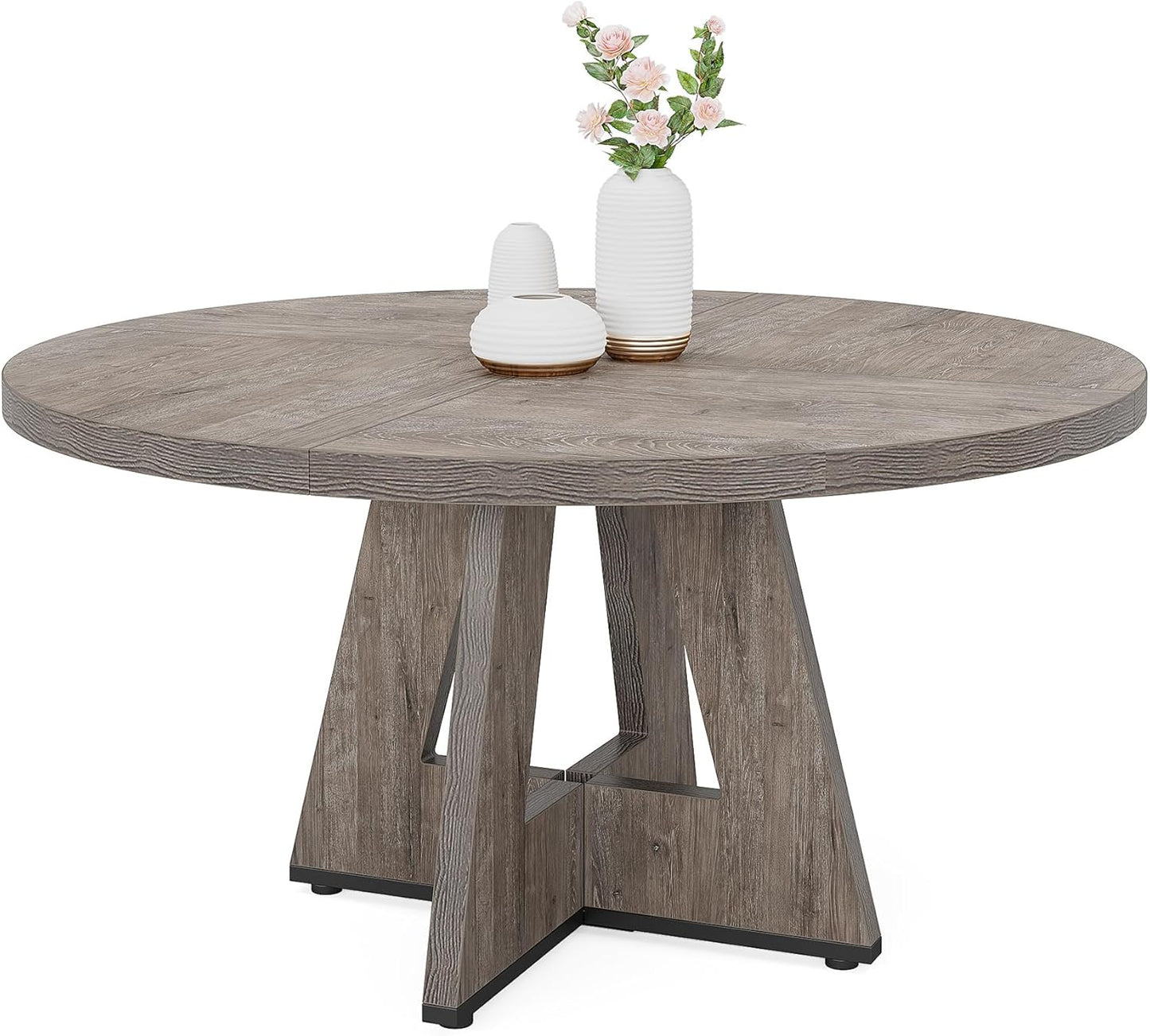 Tribesigns Round Dining Table Wood Kitchen Table for Dining Room, 120 cm Dinning Room Tables for 4 Adult, Farmhouse Dinner Table with Wooden Tabletop and Cross Base, Rustic Grey