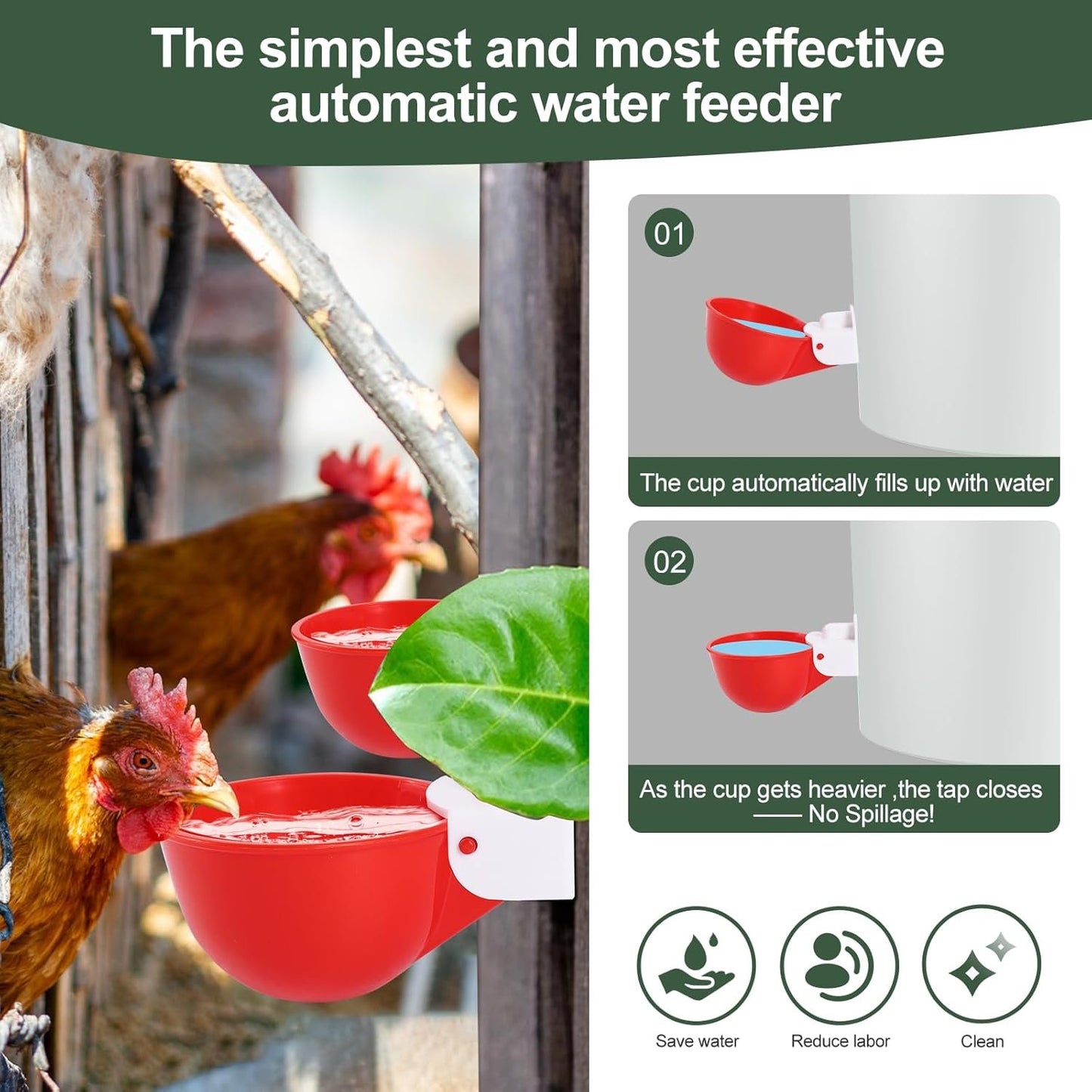 Psarnuk Chicken Waterer Cups (16 Pack/Red) - DIY Automatic Large Chicken Water Feeder for Ducks Quail and Various Poultry Dispenser with Matching Drill, Double Rubber Ring, Not Leaking Wate