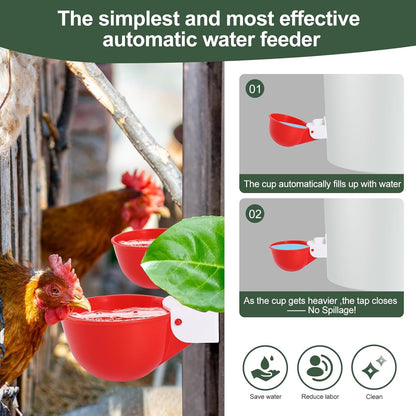 Psarnuk Chicken Waterer Cups (16 Pack/Red) - DIY Automatic Large Chicken Water Feeder for Ducks Quail and Various Poultry Dispenser with Matching Drill, Double Rubber Ring, Not Leaking Wate