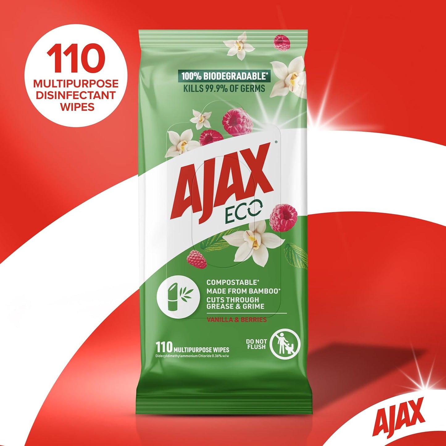 Ajax Eco Antibacterial Disinfectant Surface Cleaning Wipes, Bulk 110 Pack, Vanilla and Berries, Multipurpose, Biodegradable and Compostable, Made with Bamboo Fibres