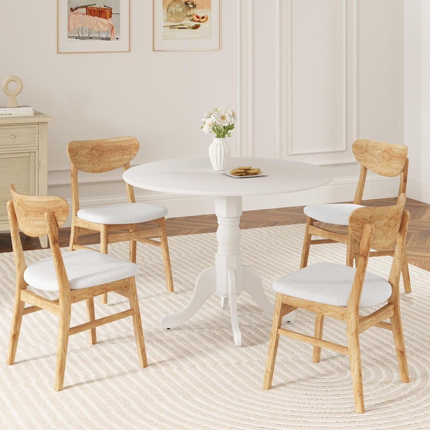 SILKYDRY 40-inch Round Dining Table, Rubber Wood Kitchen Dinette Table for 4 with Circle Tabletop & Pedestal Base, Mid Century Modern Dinette for Gathering, Leisure, Apartment, Bar (White)