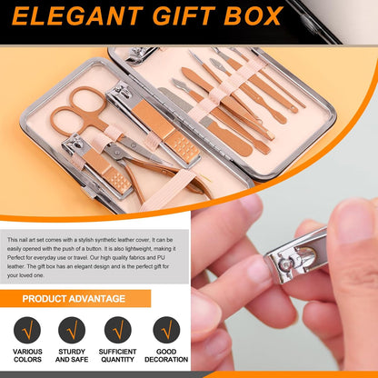 Rustark 12Pcs Pink Manicure Pedicure Kit Professional Stainless Steel Nail Care Set Includes Nail Clippers Manicure Tools Travel Case for Nail Manicure Trimming Grooming for Travel or Home