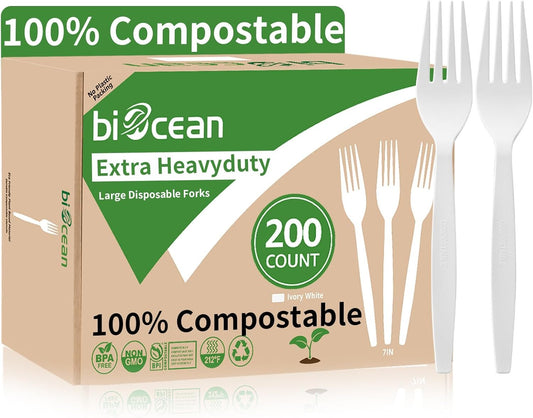 Biocean Extra Heavyduty Compostable Forks [200 Count,7In] Disposable Cutlery No Plastic Forks Large Biodegradable Utensils Eco Friendly Silverware Serving Flatware for Party,Daily Use,BBQ,Picnic