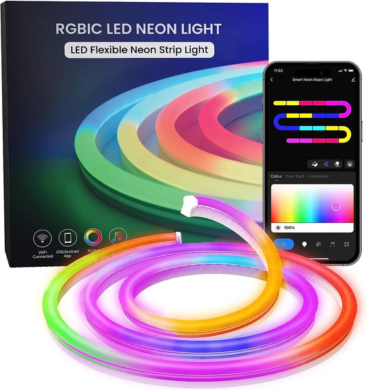 Neon Rope Strip Lights 5m RGBIC Flow LED Lights - Outdoor IP67 Waterproof, Voice Control with Alexa/Google, Music Sync via Built-in Mic, Flexible DIY Design for Bedroom, Gaming Room, Party Decor