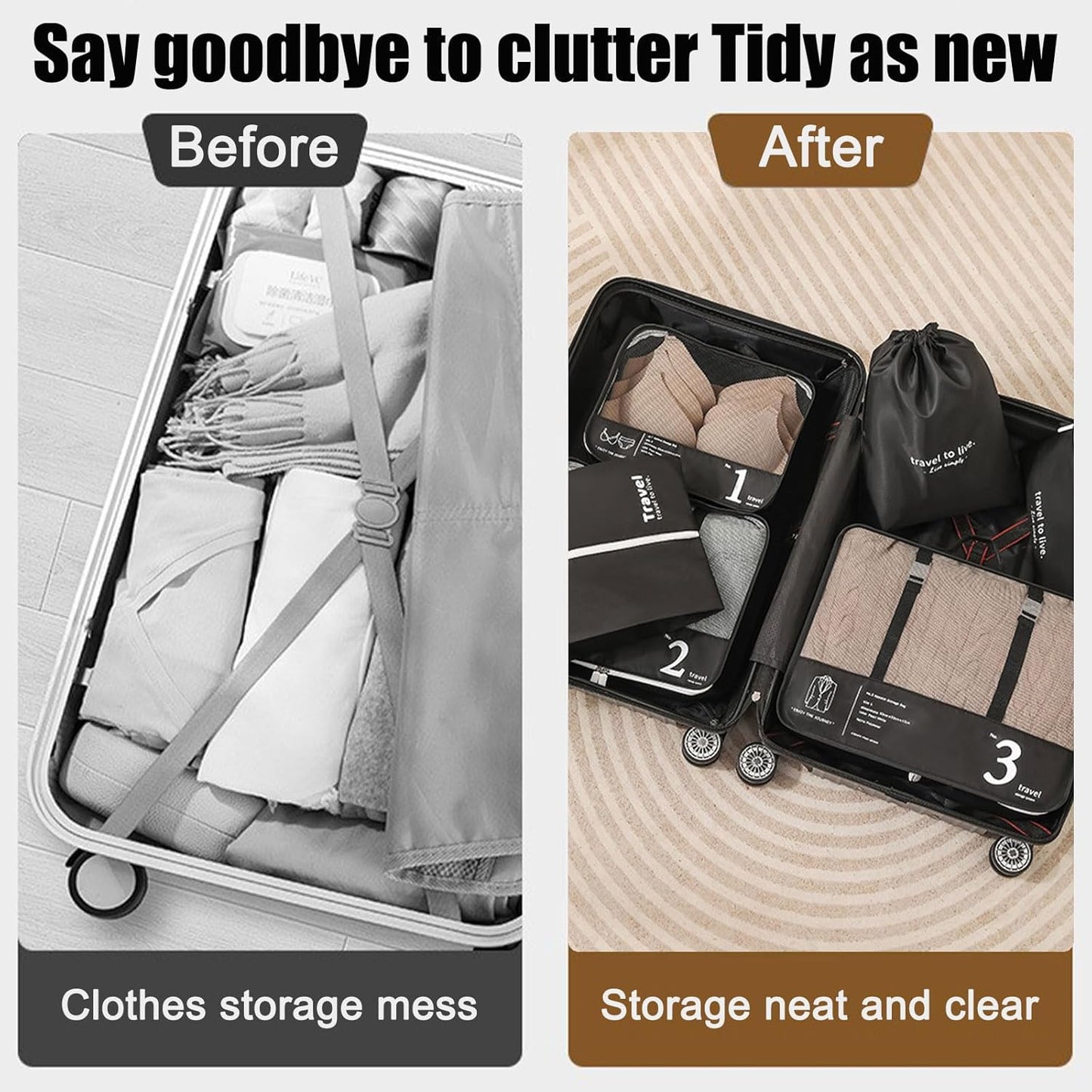 Packing Cubes Compression Suitcase Organizer with Zipper, Set of 7, Useful Accessories, Travel Suitcase Set, Black