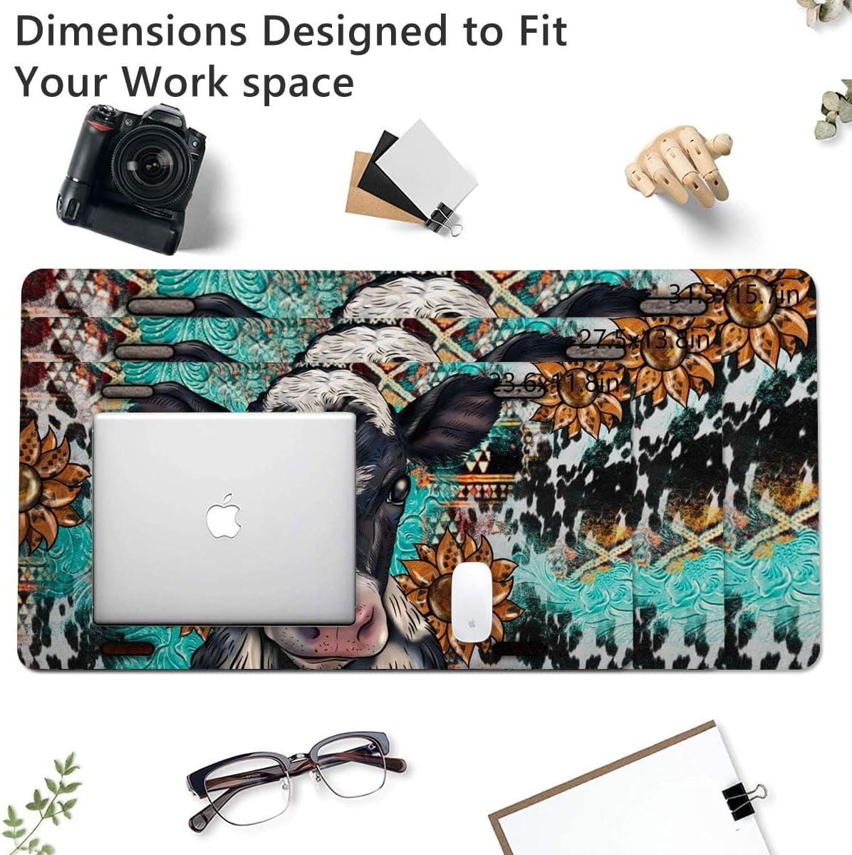 Cow Sunflowers Large Mouse Pad, PU Leather Desk Pad Protector, Non-Slip Computer Desk Writing Mat, Gaming Keyboard Mouse Pad, Office Desk Accessories