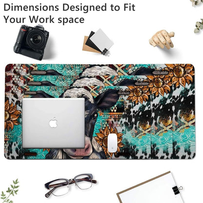 Cow Sunflowers Large Mouse Pad, PU Leather Desk Pad Protector, Non-Slip Computer Desk Writing Mat, Gaming Keyboard Mouse Pad, Office Desk Accessories