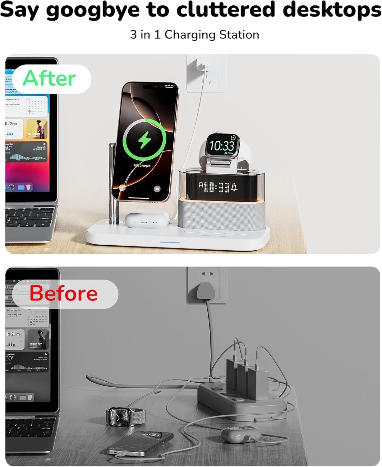 5 in 1 Wireless Charger with Alarm Clock for A pple,Mag-Safe Charging Station for iPhone 16/15/14/13/12,iWatch Series 10/9/Ultra 2/8/7/SE/SE2/6/5,Air-Pods 4/3/Pro/2,Magnetic Charger Stand(White)