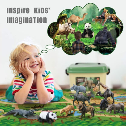 Mini Tudou 12 Pcs Safari Animals Figures Toys w/ 57x38.6’’ Large Activity Play Mat, Realistic Jumbo Jungle Wild Zoo Animals Figurines Playset w/ Elephant, Giraffe, Lion for Kids Toddlers Boys & Girls