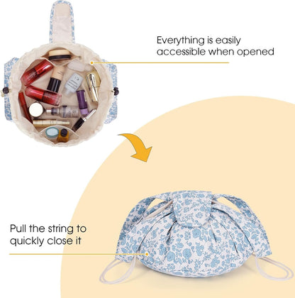 Barrel Drawstring Makeup Bag Large Cosmetic Bag Women Toiletry Organizer for Travel Toiletries Accessories Essentials（Little Blue Flower）