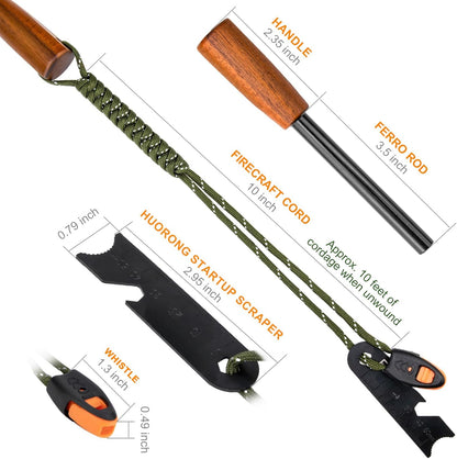 Fire Starter Survival Tool - Handmade Wooden Handle 3/8"" Thick Ferro Rod with Striker and Umbrella Rope Waterproof Iron Rod Flint and Steel Fire Starter Kit