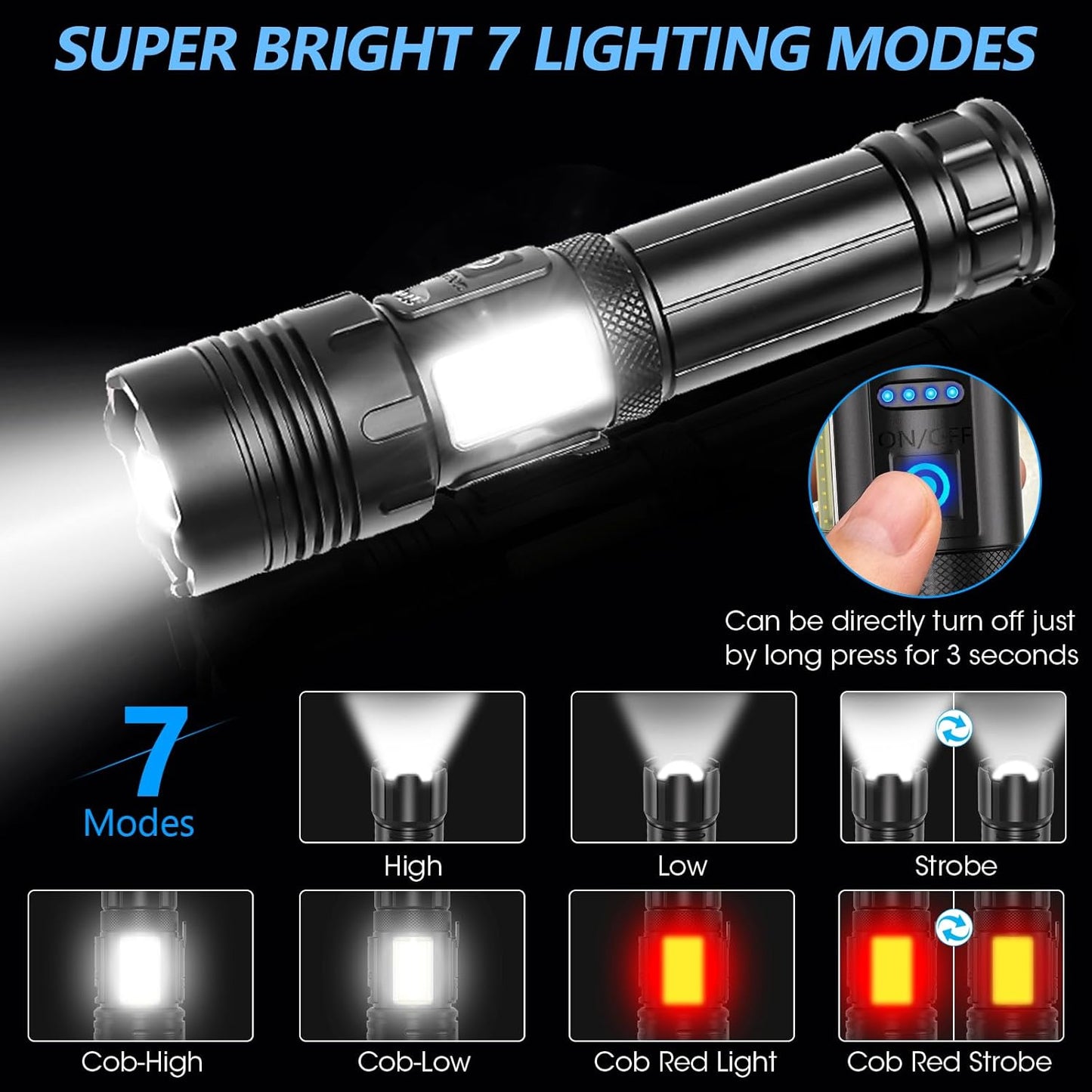 LED Torch Rechargeable Flashlight with Cob Side Light, High Lumens Super Bright Torch, High Powered Torches, Powerful Handheld Tactical Flashlight for Emergency Camping Hiking, 2 Pack