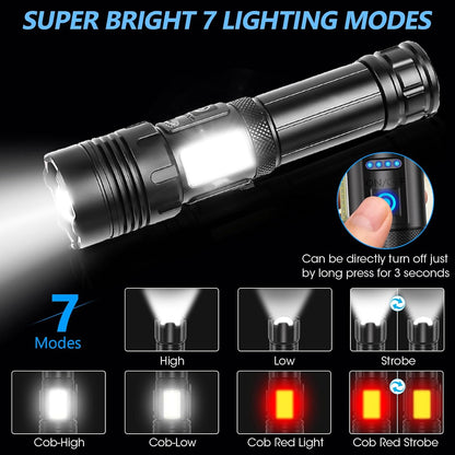 LED Torch Rechargeable Flashlight with Cob Side Light, High Lumens Super Bright Torch, High Powered Torches, Powerful Handheld Tactical Flashlight for Emergency Camping Hiking, 2 Pack