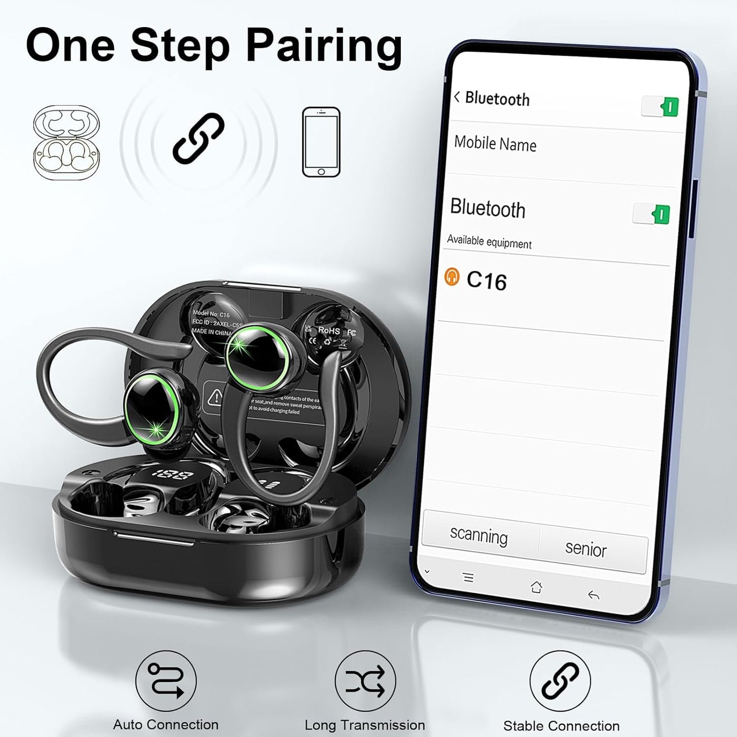 Wireless Earbuds, Bluetooth 5.4 Headphones Sport, Wireless Earphones HiFi Stereo Sound with Noise Canceling Mic, 50H Bluetooth Earbuds with EarHooks, IP7 Waterproof Ear Buds for Sports Workout/Running