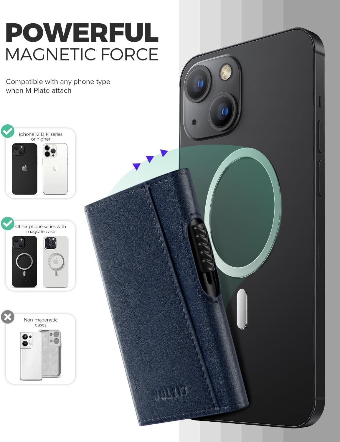 VULKIT Magnetic Wallet Card Holder Phone Card Holders Slim Leather Pop Up Case NFC/RFID Blocking, Compatible with iPhone 16/15/14/13/12 Series Navy