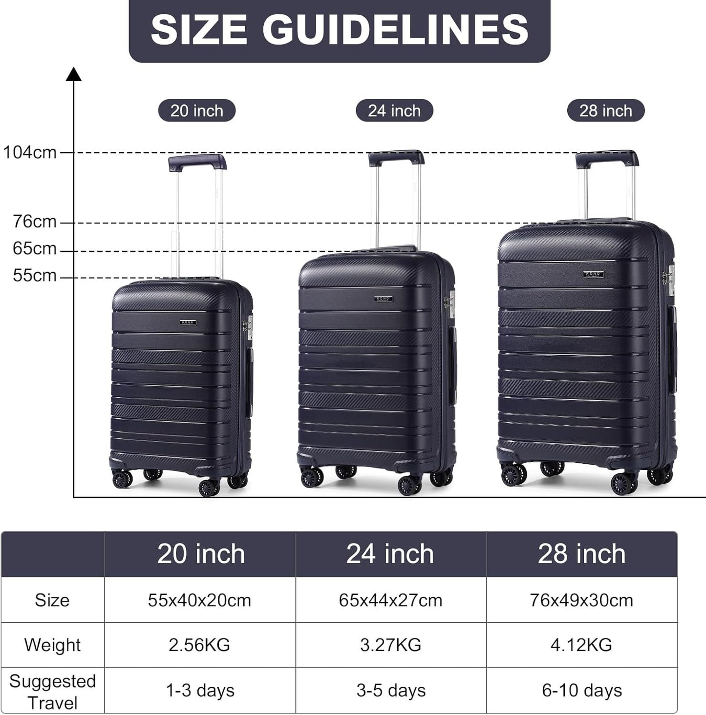 Kono Lightweight Hard Shell Suitcase Travel Carry On Luggage, Navy, Hard Cabin Suitcase