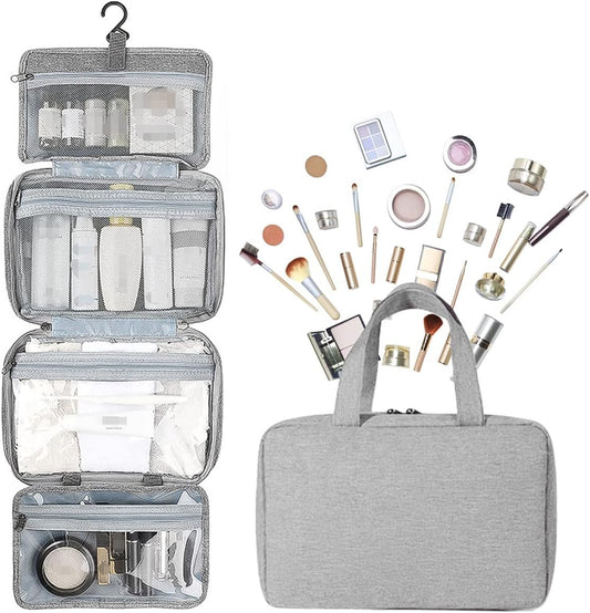 Hanging Toiletry Travel Makeup Bag with Hanging Hook, Large Capacity Makeup Traveling Organizer Portable Cosmetic Bag, Waterproof Multifunctional Wash Bag for Women Travel Camping Outdoor (Grey)