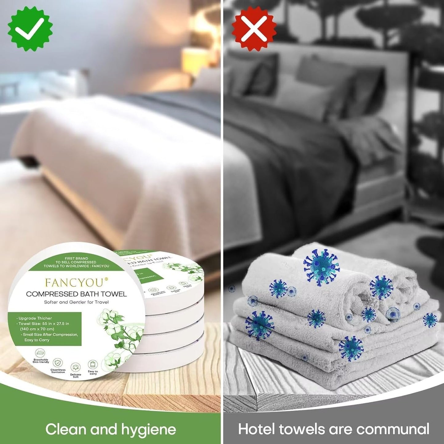 Fancyou Compressed Towel Tablets Large - 100% Cotton Disposable Bath Towels for Travel - 55 in x 27.5 in Travel Cleaning Kit for Hotels Camping Hiking Sports Beach Swimming Vacation [5 Pack Green]