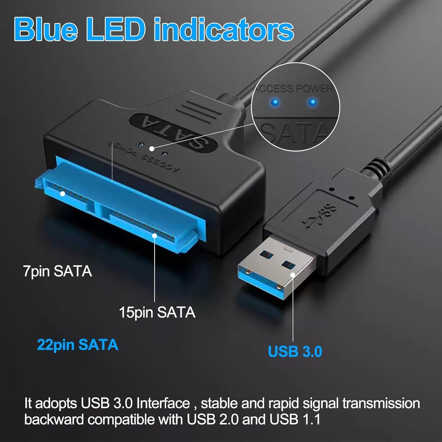 SATA to USB Cable, USB 3.0 to SATA III Hard Driver Adapter Compatible for 2.5 inch HDD and SSD (USB-A 3.0 to SATA)