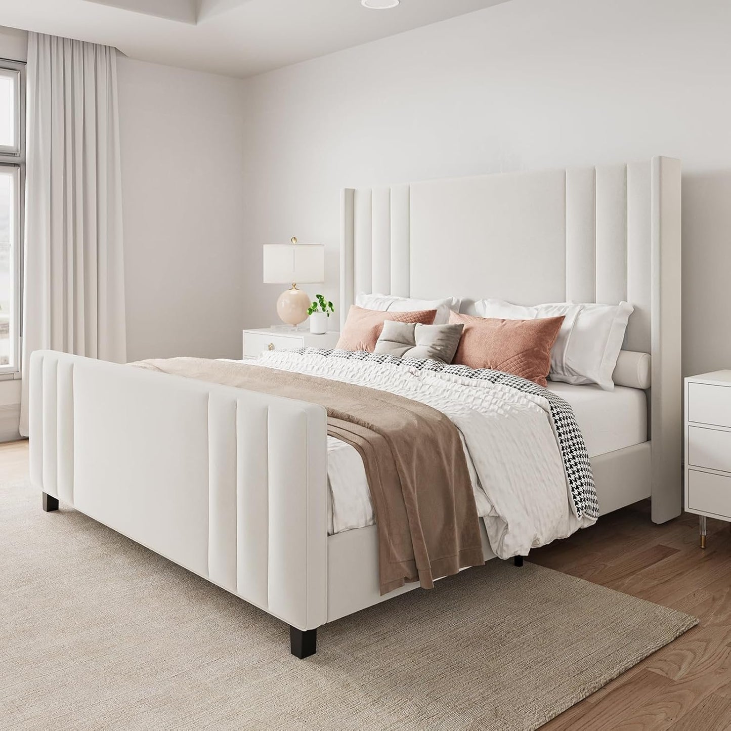 Jocisland Queen Size Platform Bed Frame, Upholstered Bed with Vertical Channel Tufted Wingback Headboard & Footboard, Premium Velvet, No Box Spring Needed, Cream