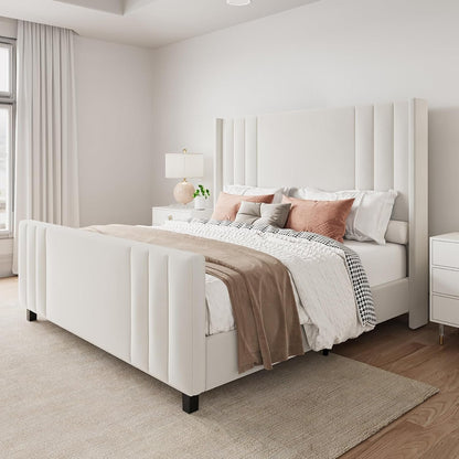 Jocisland Queen Size Platform Bed Frame, Upholstered Bed with Vertical Channel Tufted Wingback Headboard & Footboard, Premium Velvet, No Box Spring Needed, Cream