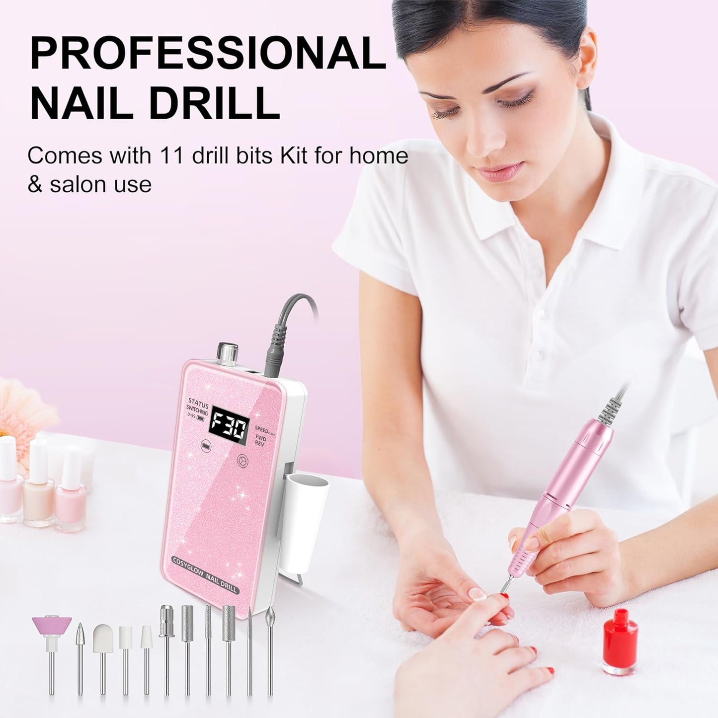 Professional Electric Nail Drill File:COSYGLOW Glitter Portable Cordless E-File Nail Drill Kit with 11 Drill Bits,30000 RPM Rechargeable Nail Drills Machine for Acrylic Nails Gel Polishing(Pink)