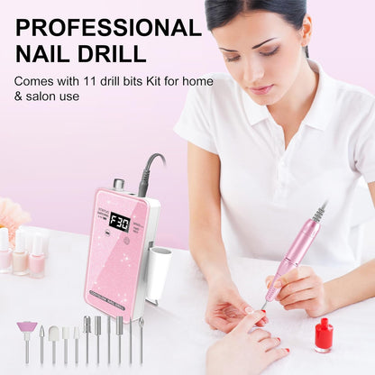 Professional Electric Nail Drill File:COSYGLOW Glitter Portable Cordless E-File Nail Drill Kit with 11 Drill Bits,30000 RPM Rechargeable Nail Drills Machine for Acrylic Nails Gel Polishing(Pink)