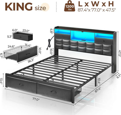 Rolanstar Bed Frame King Size with Drawers and Charging Station, Upholstered Platform Bed with Storage Headboard and LED Light, Heavy Duty Metal Frame Support, No Box Spring Needed, Noise Free, Black