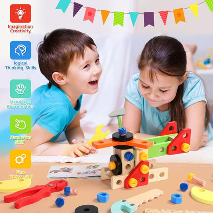 Montessori Construction Toys for 3 4 5 Year Old Boys Wooden Kids Tool Building Set Toddler Toy Box Pretend Play Stem Toy Fine Motor 3 4 5 Year Old Boys Girls Christmas Birthday Gift