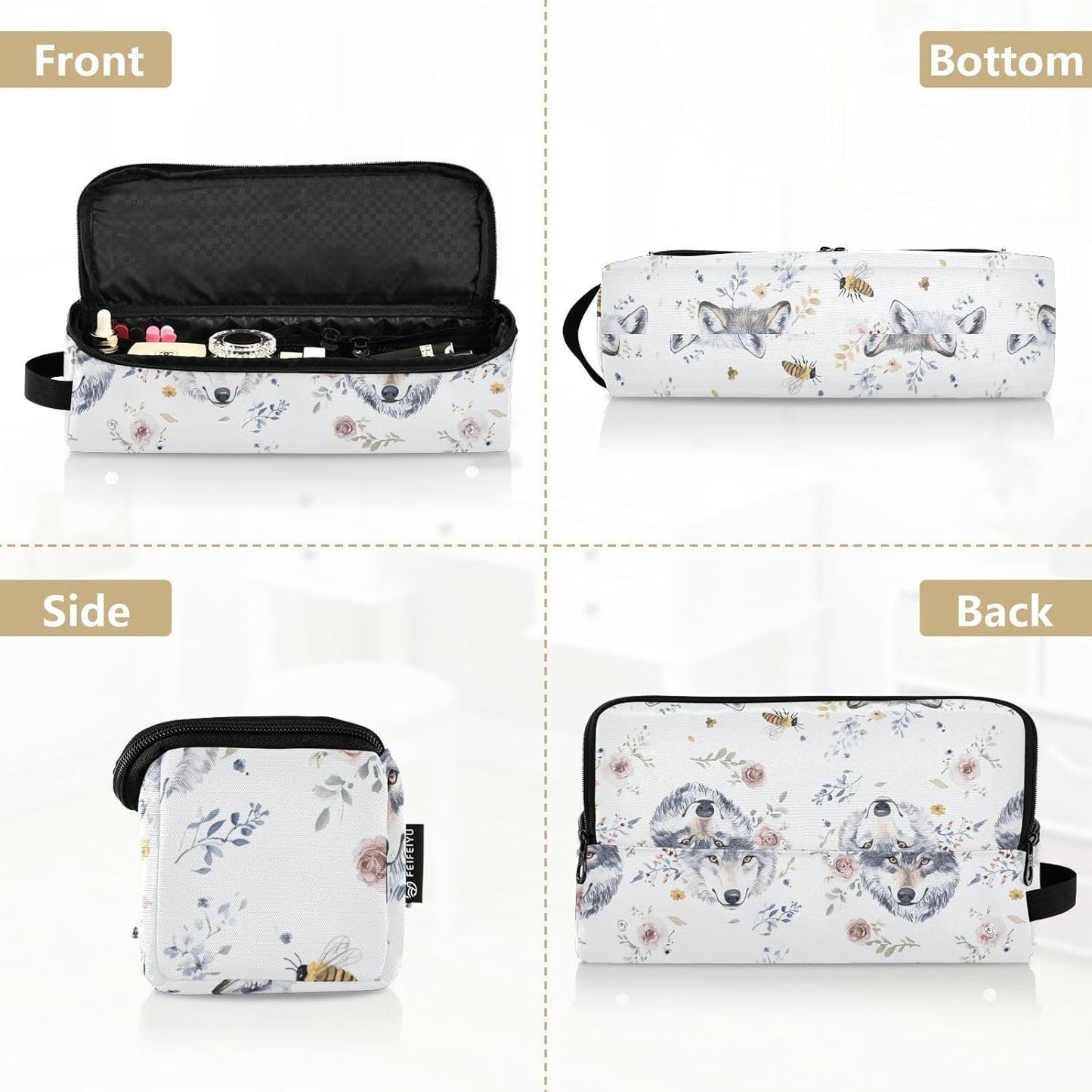 Borsa da viaggio estetica con lupi carini per capelli da donna con cuscinetto resistente al calore Strumenti di riscaldamento Borsa da viaggio Organizer per utensili caldi e accessori per la cura dei