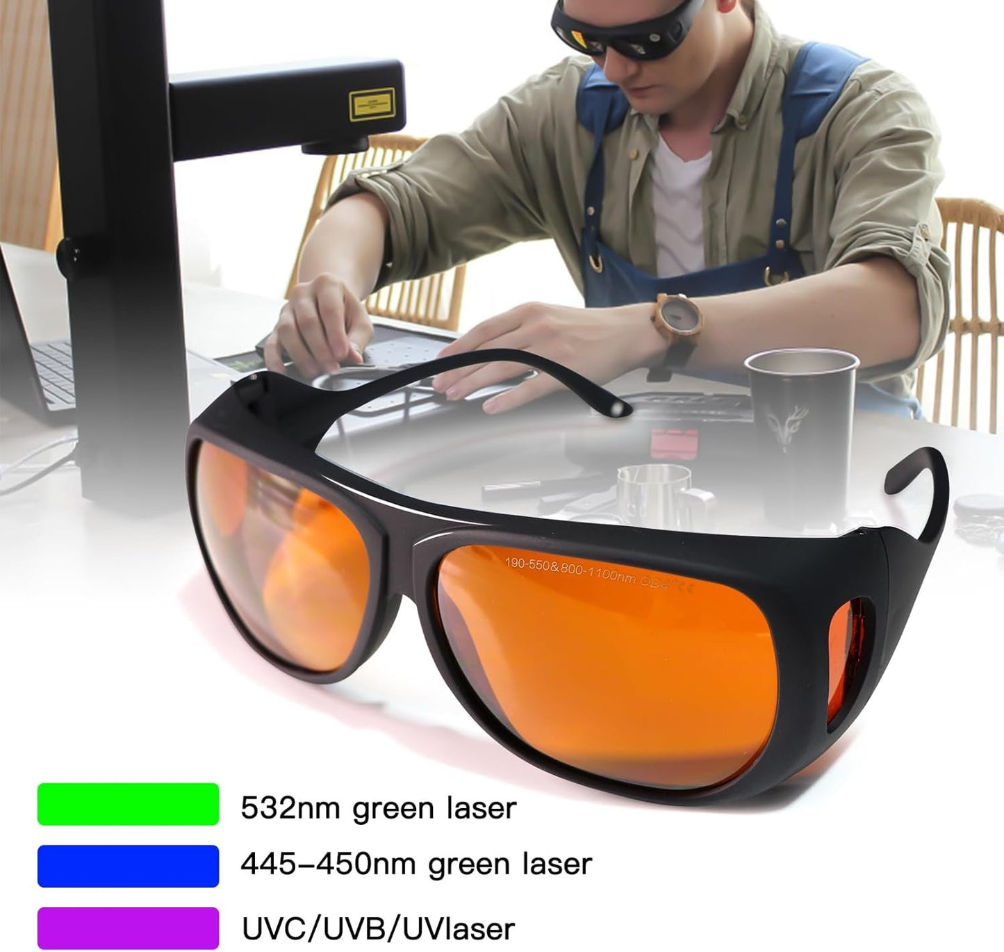 FONLAND Laser Safety Glasses for Laser Engraving OD4+ 190-550nm & 800-1100nm Yag, Blu Green and UV Light Fiber Laser Goggles Eye Protection with Case.
