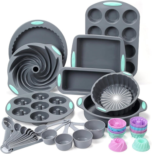 To encounter 49 Pieces Silicone Bakeware Set, BPA Free Silicone Baking Pans, Nonstick Baking Molds for Cake, Bread and Muffin, with Measuring Cups and Spoons Set, Light Grey