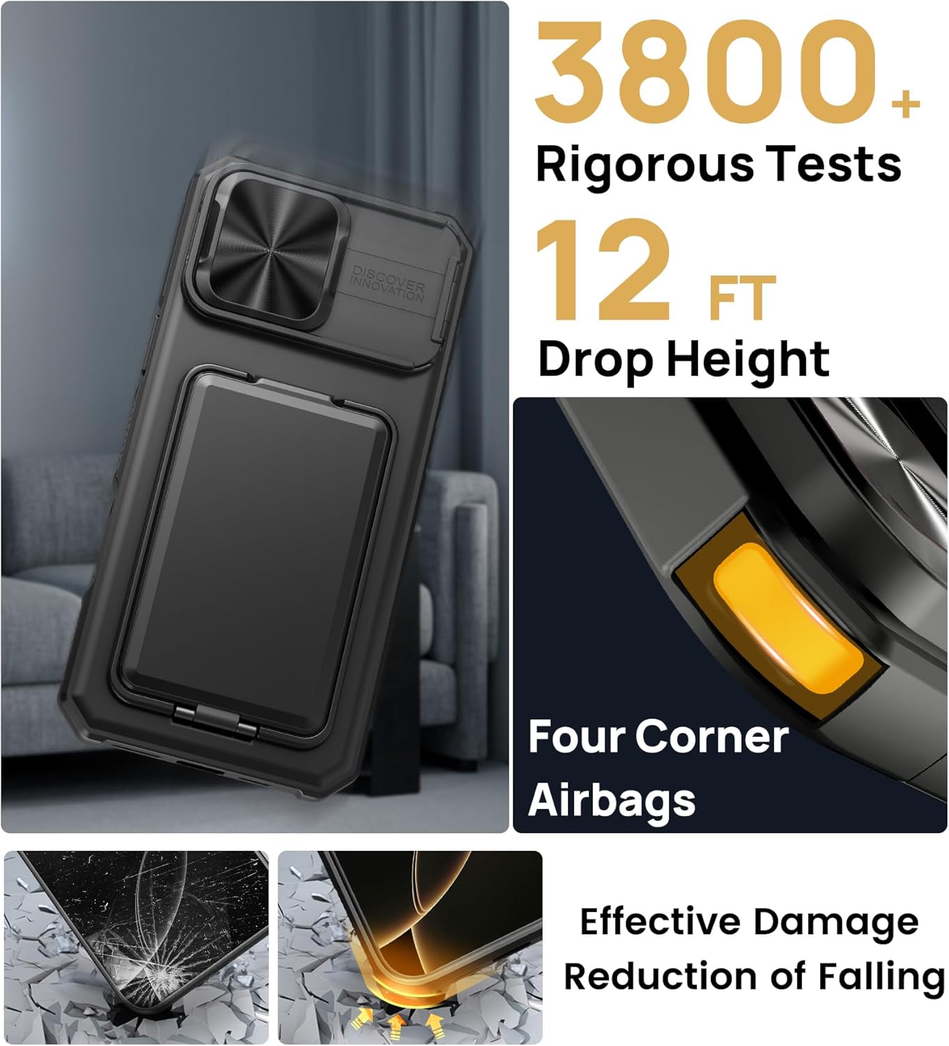 SIXBOX for iPhone 16 Pro Max Case with Card Holder & Kickstand & Slide Camera Lens Cover, Silicone Edge Protection Rugged Heavy Duty Phone Case Cover for iPhone 16 Pro Max 6.9'' 2024, Black